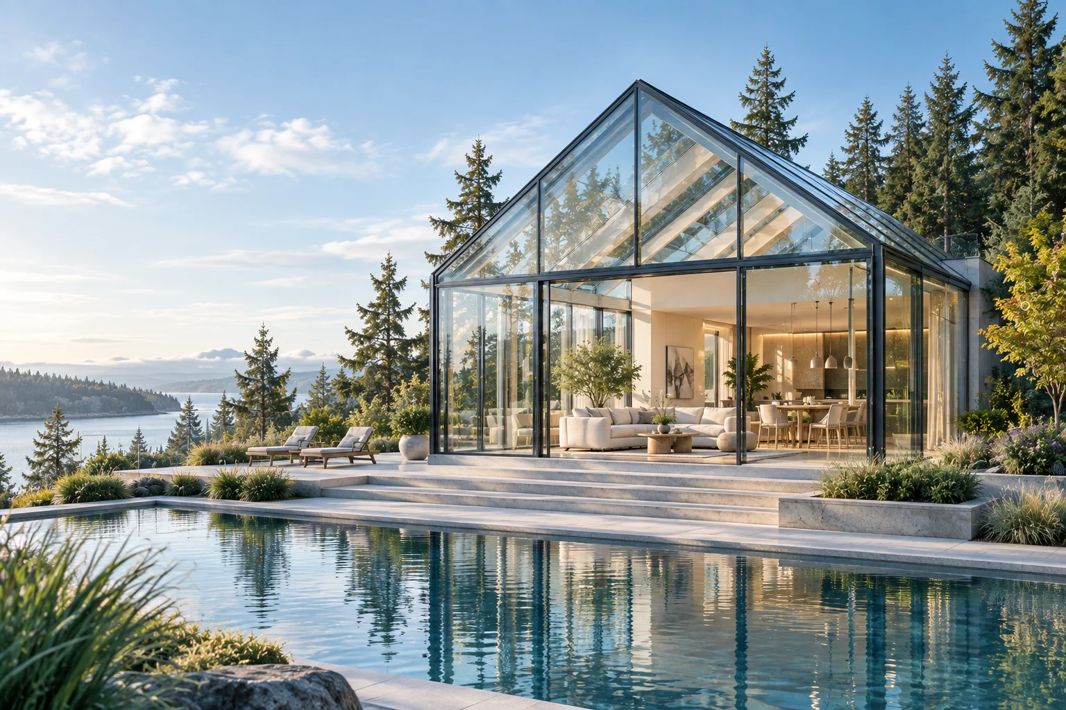 A sunlit glass-fronted home with a calm, bright living space